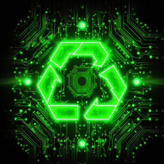 Obraz premium Concept of green technology. green recycle sign on circuit board technology innovations. Environment Green Technology Computer Chip.Green Computing, Green Technology. Generative AI