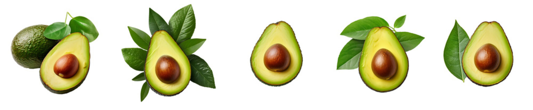 Avocado set. Set of different avocado halves. Isolated on a transparent background cut avocado.