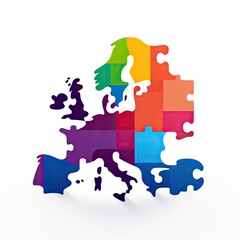 Obraz premium Concept of a map of europa created with colored puzzle pieces created using generative Ai tools