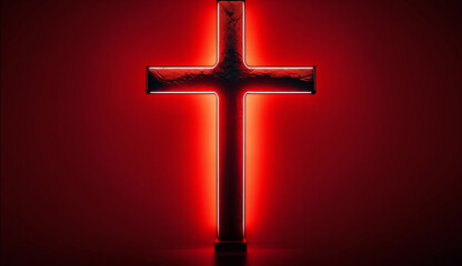 A glowing church cross against the backdrop of red neon. Generative AI.