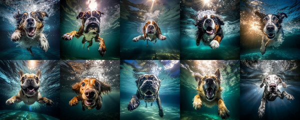 collection of different breeds of dogs swimming underwater.