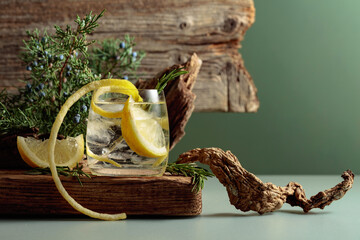 Cocktail gin-tonic with ice, lemon, and rosemary in a frozen glass.