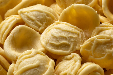Uncooked Orecchiette pasta close up full frame as background