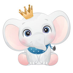 Cute baby elephant with golden crown poses watercolor illustration