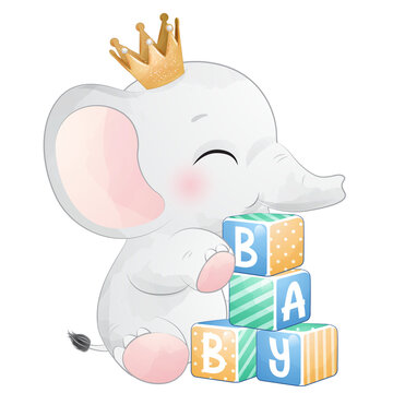 Cute baby elephant playing toy blocks watercolor illustration