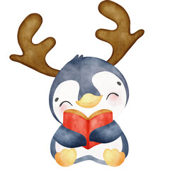 Cute and Happy Penguin Watercolor Illustration and Festive Christmas Art