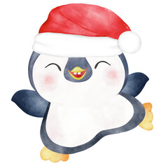 Cute and Happy Penguin Watercolor Illustration and Festive Christmas Art