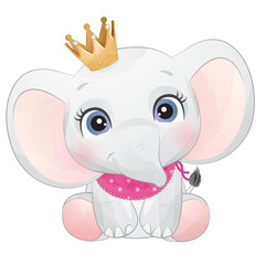 Cute baby elephant with golden crown poses watercolor illustration
