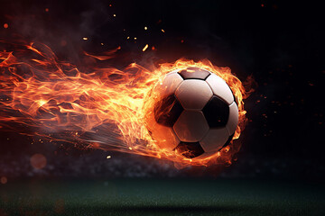 Flame soccer ball flying, abstract football symbol on the black background