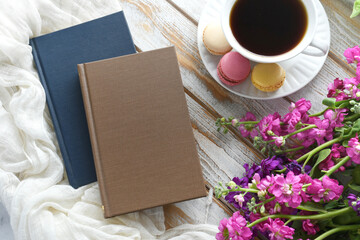 Book cover mock up - plain book with pastel flowers macarons, spring