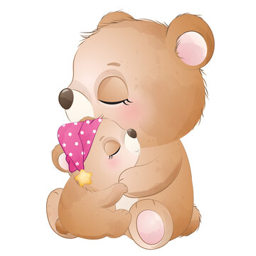 Cute bear and baby bear sleeping hug watercolor illustration
