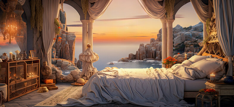 Illustration of a bedroom carved into the cliffs overlooking the ocean.  The classical stone architecture gives a romantic vibe.  Beautiful views of the city.