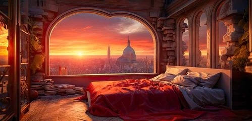 Foto auf Acrylglas Rot  violett Illustration of a bedroom in a luxury home with an amazing sunset view of the city. The room has a historical architecture design and a colorful interior design.