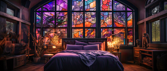 A gothic style bedroom with stained glass windows bathing beautiful light into the room. The picture window is part of the amazing architecture and luxury in Italy. The room has a religious feel.