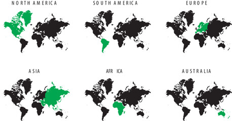 Zestaw map świata z zaznaczonymi kontynentami. 