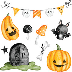 Watercolor illustration set of Halloween clipart