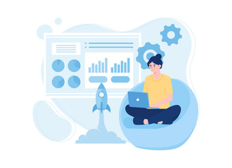 Woman launching new business innovations trending flat illustration