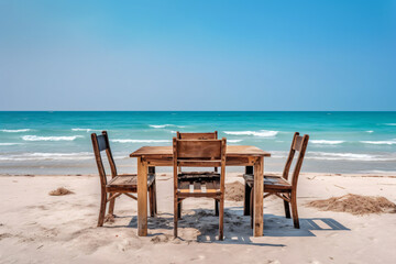 Fototapeta premium Chair and table dinning on the beach and sea with blue sky photography