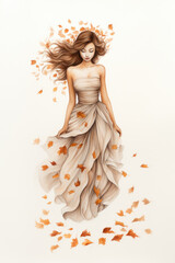 Young woman wearing a long evening dress made autumn leaves. Watercolor illustration of fashion and clothes. Autumn, fall concept.