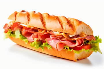 Ham meat submarine sandwich on a white background. Generative AI	