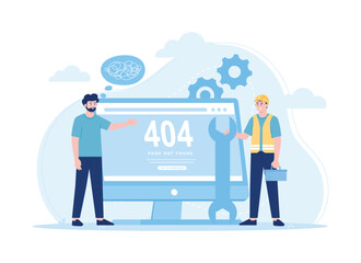 Technician fix a bug error 404, trending flat illustration