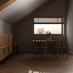 Fototapeta na wymiar Dark late evening scene, minimal wooden dining room with sloping ceiling and herringbone parquet. Classic table and chairs. Japandi style, attic loft interior design