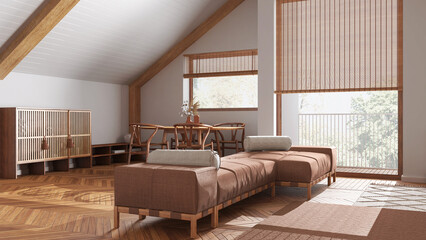 Minimal wooden living room with fabric sofa and decors in white and orange tones. Sloping ceiling and panoramic windows. Japandi scandinavian style, attic interior design
