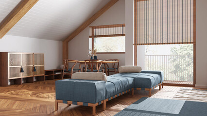 Minimal wooden living room with fabric sofa and decors in white and blue tones. Sloping ceiling and panoramic windows. Japandi scandinavian style, attic interior design