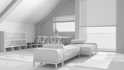Total white project draft, minimal wooden living room with fabric sofa and decors. Sloping ceiling and panoramic windows. Japandi scandinavian style, attic interior design