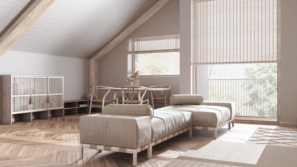 Minimal bleached wooden living room with fabric sofa and decors in white tones. Sloping ceiling and panoramic windows. Japandi scandinavian style, attic interior design