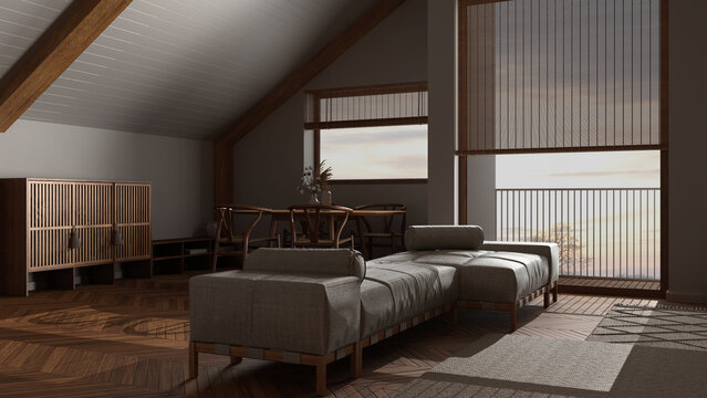 Dark late evening scene, minimal wooden living room with fabric sofa and decors. Sloping ceiling and panoramic windows. Japandi scandinavian style, attic interior design