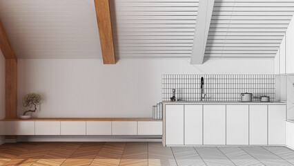 Architect interior designer concept: hand-drawn draft unfinished project that becomes real, minimal wooden kitchen with sloping ceiling and parquet. Japandi scandinavian style