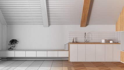 Architect interior designer concept: hand-drawn draft unfinished project that becomes real, minimal wooden kitchen with sloping ceiling and parquet. Japandi scandinavian style