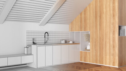 Architect interior designer concept: hand-drawn draft unfinished project that becomes real, minimal kitchen with sloping wooden ceiling and oak parquet floor. Japandi style
