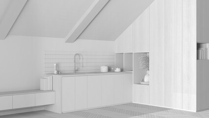 Fototapeta na wymiar Total white project draft, attic interior design, minimal kitchen with sloping wooden ceiling and oak parquet floor. Cabinets and appliances. Japandi scandinavian style