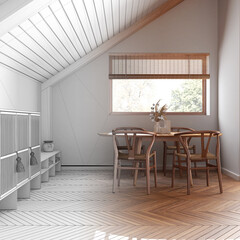 Architect interior designer concept: hand-drawn draft unfinished project that becomes real, minimal...