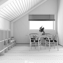 Blueprint unfinished project draft, minimal wooden dining room with sloping ceiling and herringbone parquet. Classic table and chairs. Japandi style, attic loft interior design