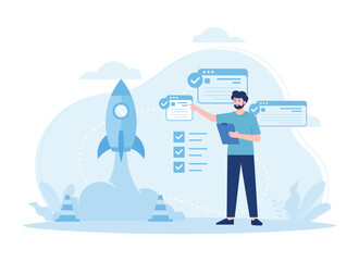 Launching new business concept trending flat illustration
