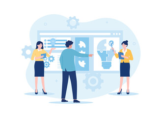 Together looking for business solutions via online, jigsaw bulb trending flat illustration