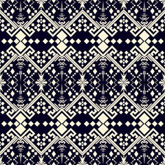 Ethnic motifs mimic natural weaving.