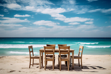 Obraz na płótnie Canvas Chair and table dinning on the beach and sea with blue sky photography