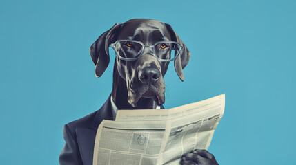 Cool looking great dane dog wearing suit and glasses reading newspaper isolated on light blue background. Digital illustration generative AI. - obrazy, fototapety, plakaty