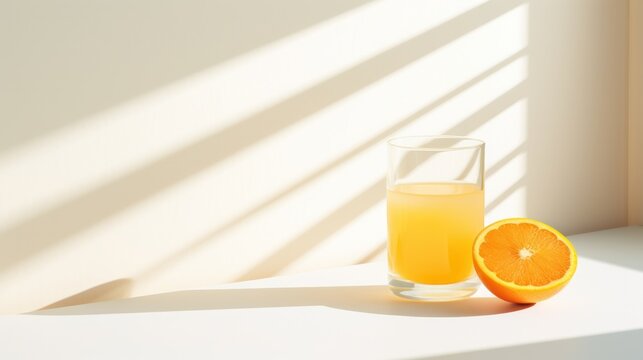 Fresh orange juice in a glass on the white table with hard shadows on a summer day.