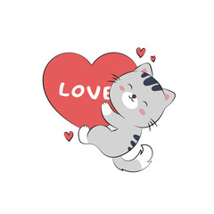 Cute cat with a love balloon. Vector illustration of a funny kitten in the doodle style. Pet animal character cartoon design. Cute illustration of a love cat