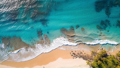 Tropical coastline, turquoise waters, tranquil scene, beauty in nature, aerial view generated by AI