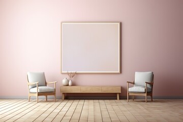 Blank wooden picture frame mockup on wall in modern interior. Generative ai