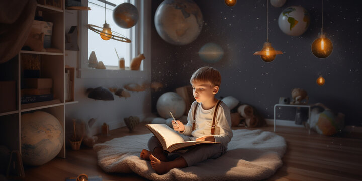 Generative AI, a child reads a book in a children's room, a boy or a girl is studying, a modern Scandinavian interior, childhood, magic, a fairy tale, happy children, pages