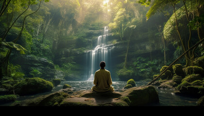 One person meditating in lotus position, surrounded by nature beauty generated by AI - obrazy, fototapety, plakaty