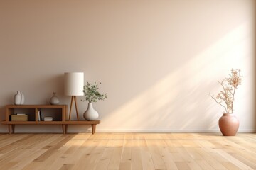 Fototapeta na wymiar Minimalist living room interior with wooden floor, decor on a large wall. Generative AI