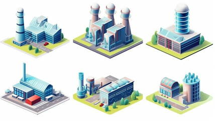 Industrial energy buildings set in isometric design. Power plants and alternative green hydro electric generation stations. Nuclear fuel reactor power. Geothermal or wind stations. Generative AI